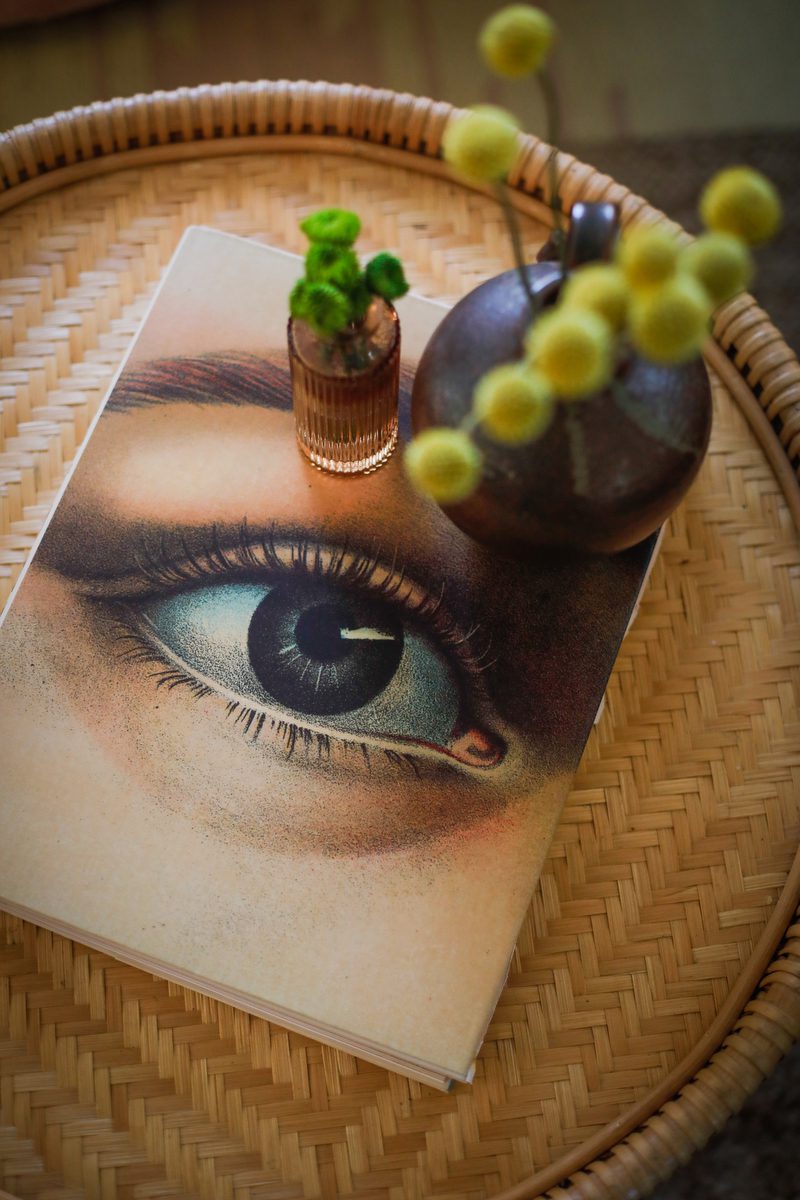 A picture of a coffee table book with a close up eye on the cover.